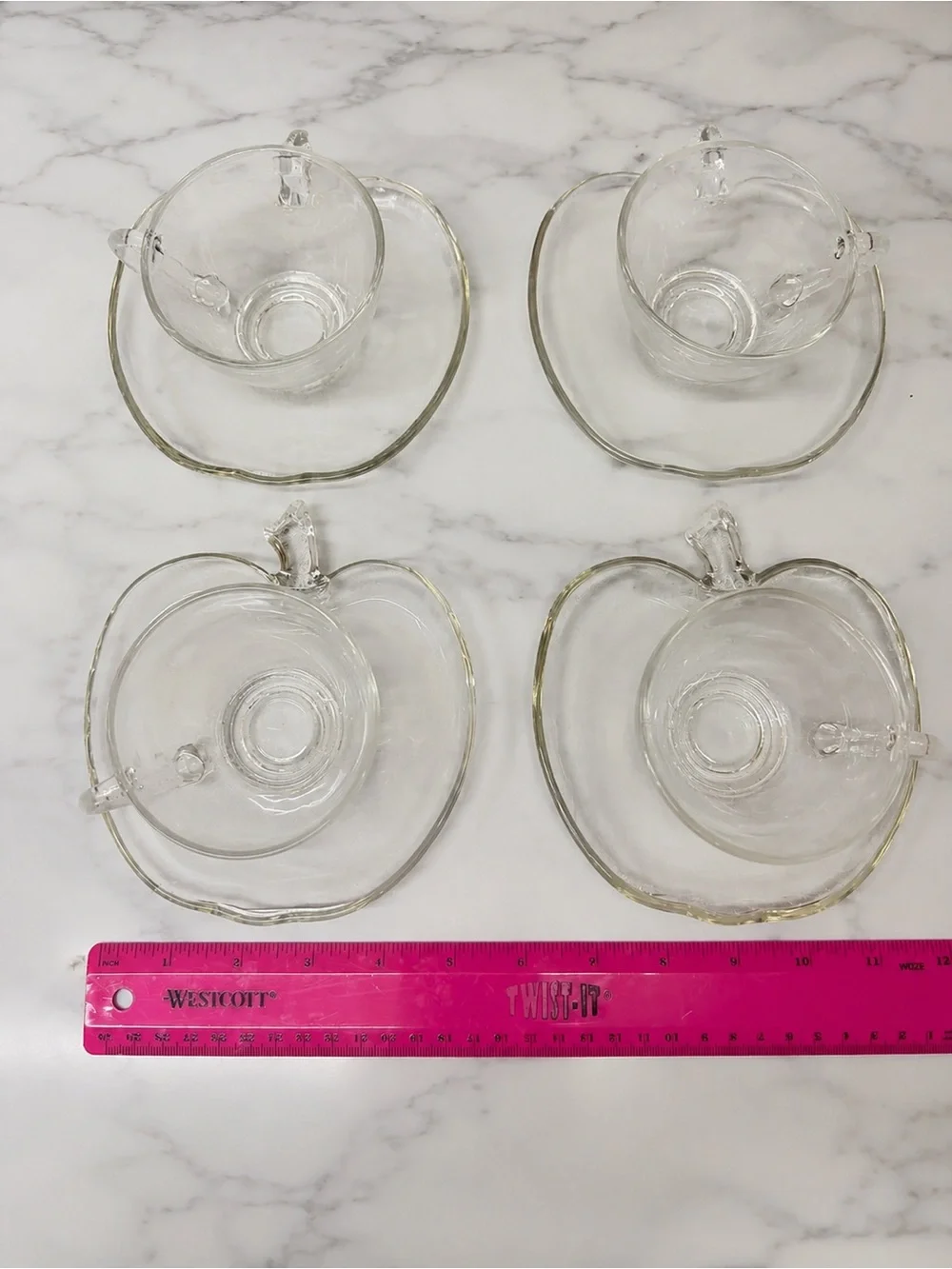 Vintage Apple Shaped Snack Set 4 Cups & 4 Glass Plates Clear Luncheon Dessert